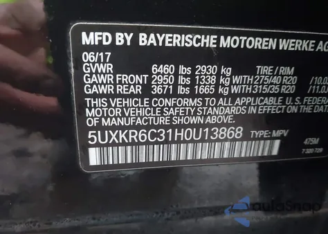 2017 BMW X5 xDrive50I z USA, uszkodzony, nr VIN 5UXKR6C31H0U13868